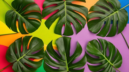 Naklejka premium Green fresh monstera leaves on color background flat lay