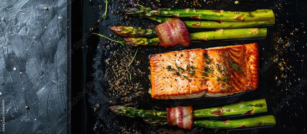 Poster Salmon baked in the oven served with bacon-wrapped asparagus on a black background in an overhead shot. Includes copy space image.