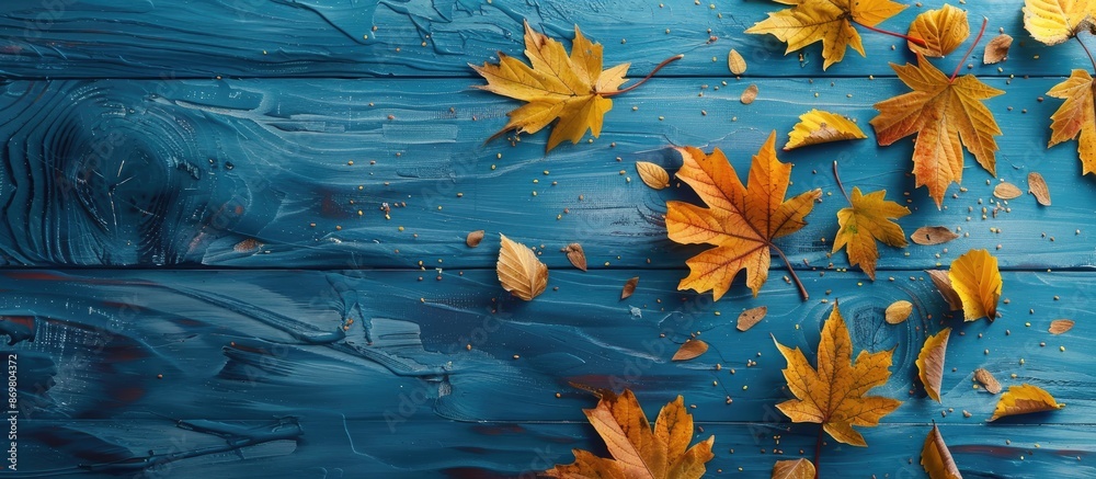 Aufkleber Autumn-themed scene with yellow maple leaves on a blue wooden surface. Seen from above with space for text or image.