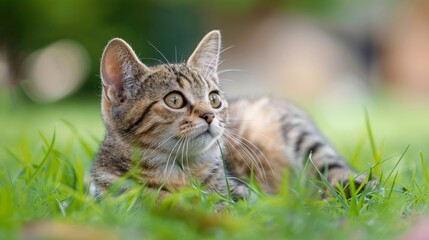 Curious kitten in the grass. Adorable tabby kitten with bright eyes exploring a lush green lawn, perfect for animal lovers and pet-themed projects.