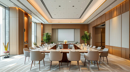 3D rendering of modern interior design meeting room. Futuristic style private room for conference and meeting. 