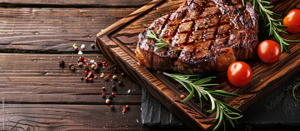Poster beef steak displayed on a dark wooden table, with ample copy space image.