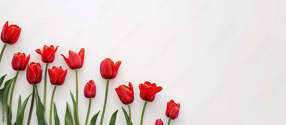 Poster Top-down view of lovely red tulips set against a white backdrop, ideal for showcasing text. Displayed flat with room for additional content.