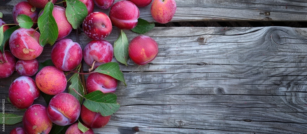 Poster abundance of copy space enhances the visual appeal of fresh pink plums with leaves on an aged wooden
