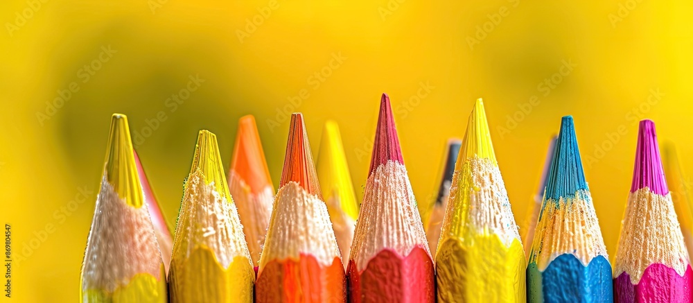 Poster close-up view of colored pencils with focus on the stylus against a blurred yellow background, provi