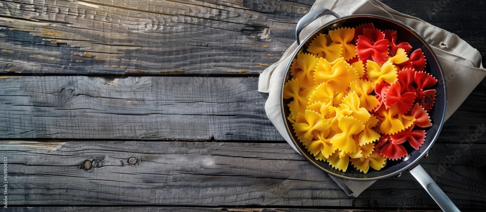 Poster Three colors of macaroni farfalle resting in a saucepan, on a napkin, and a wooden background, creating an appealing culinary composition with copy space image.
