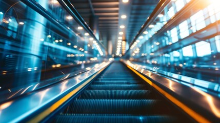 Fototapeta premium Empty escalator in modern building. A modern escalator with blue toned lighting and motion blur in a contemporary architectural space.