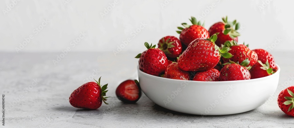 Poster fresh strawberries piled in a ceramic bowl on a rustic white surface with ample copy space image.