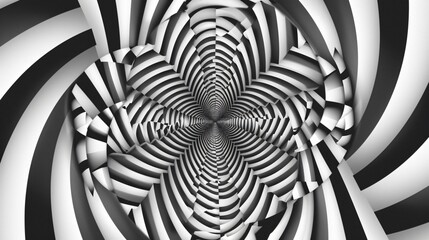 Fototapeta premium A black and white optical illusion pattern with concentric circles and lines, forming a mesmerizing and intricate design