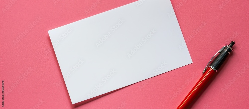 Poster a blank sheet for drawing or writing, beside a red pen, displayed on a pink background with copy spa