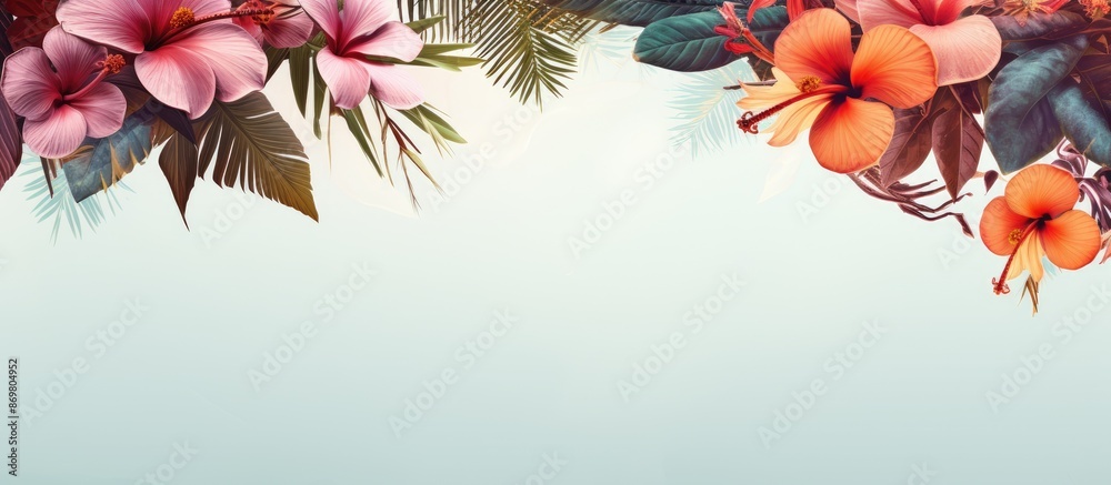 Poster exotic backdrop with palm fronds and blossoms in a copy space image.
