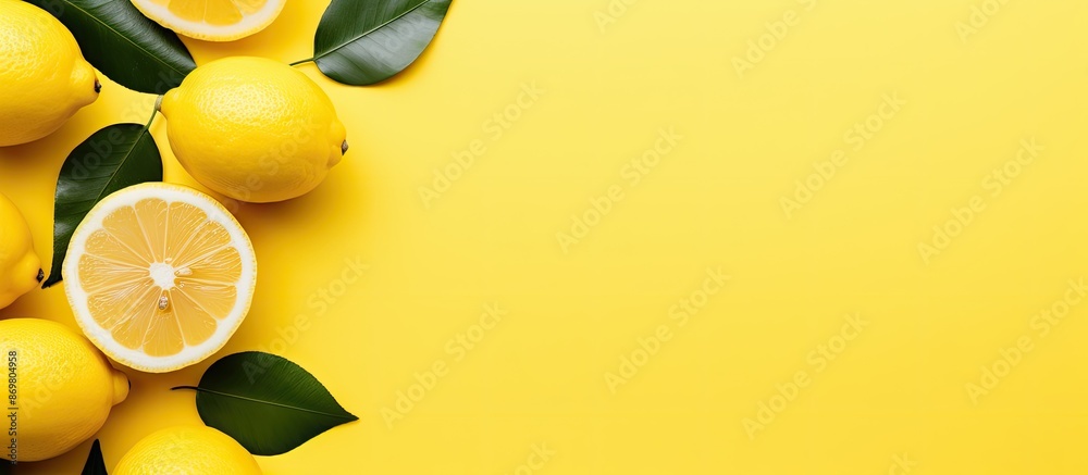 Poster Vibrant lemons on a sunny yellow backdrop with citrus leaves, a minimalistic concept with space for text, ideal for a fresh and creative summer vibe