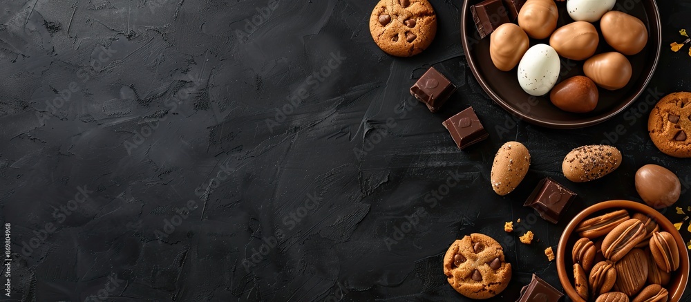 Poster popular easter treats like chocolate eggs and bunny cookies placed on a black background in a top vi