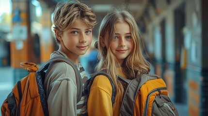 Obraz premium Two Young People With Backpacks Standing in a Train Station