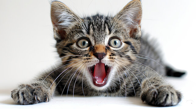 A kitten is laying on a white surface with its mouth open, making a loud noise