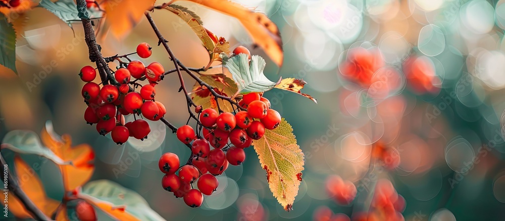 Aufkleber close-up of red rowan berries and leaves on a branch in autumn, with sour yet vitamin c-rich berries