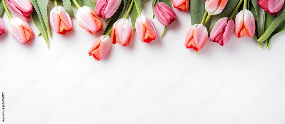 Poster Top view of tulip flowers creating a border frame on a white background with a copy space image.