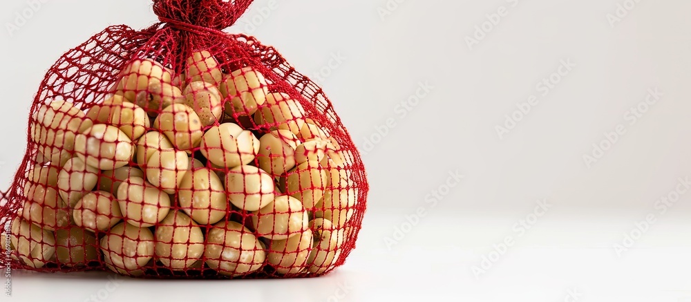 Poster Macadamia nuts are presented in a red mesh bag set against a white backdrop with copy space image.