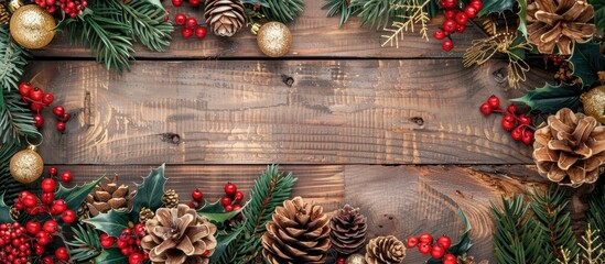 An overhead shot of a festive Christmas floral arrangement featuring golden pinecones, evergreens, light chain, red berries on a wooden rustic backdrop. Background with room for text or an image.