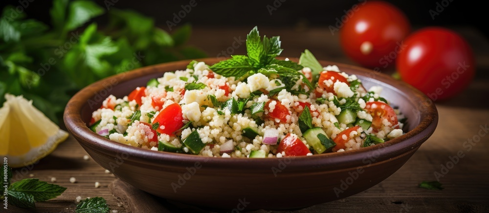 Poster tabbouleh salad made with couscous, feta cheese, tomatoes, basil, and chili placed on a wooden table