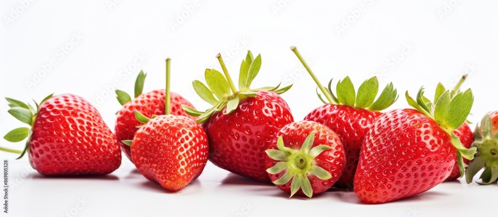 Poster fresh ripe strawberries portrayed on a clean white surface with ample copy space image for text or g