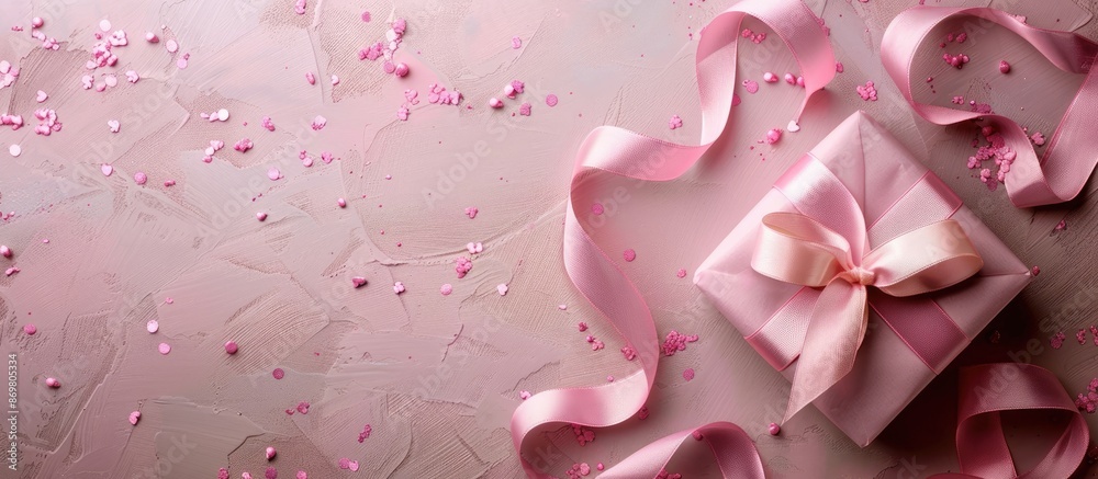 Poster Image of a pink ribbon conveying love, with a present, against a backdrop that allows for space to add additional elements (copy space image).