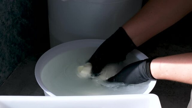 two people melt the cheese to make Italian mozzarella and caciocavallo cheese. Processing of Italian caciocavallo cheese