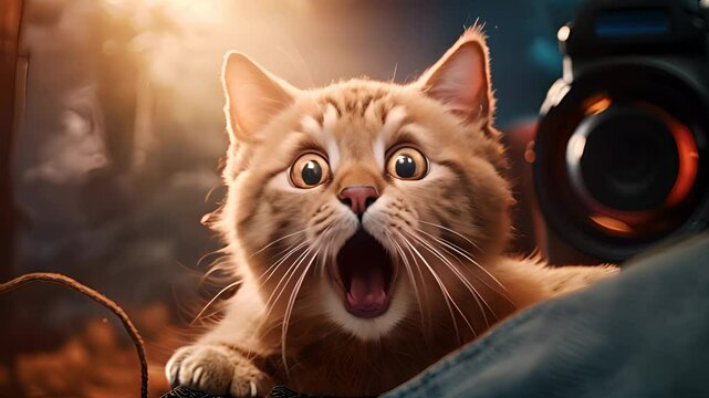 Funny cat with surprised face expression. A cute kitten asks in surprise where the treats are