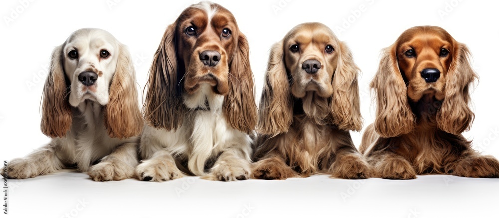 Poster arrange english cocker spaniels and american cocker spaniel dogs in front of a white background for 