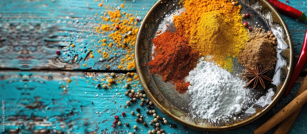 Poster colorful wooden table background showcasing spices on a plate with powdered sugar, leaving room for 