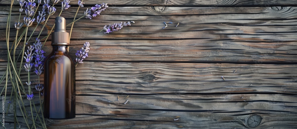 Aufkleber a bottle for cosmetics placed on a wooden background with lavender flowers, featuring an empty copy 