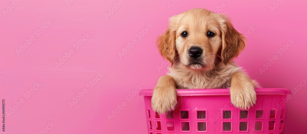 Aufkleber golden retriever puppy in a pink basket with paws dangling over the edge, gazing at the camera again