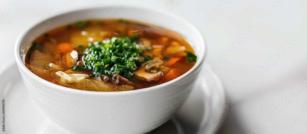 Poster A white table with a glossy surface displays a bowl of cabbage and shiitake mushroom soup, with ample copy space image.