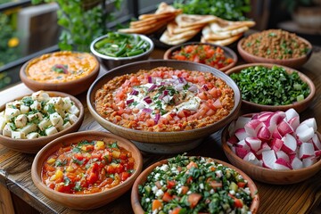 Fototapeta premium Lebanese Delicacies - Tabbouleh, Kibbeh, Baba Ganoush Arrayed on Rustic Wooden Table