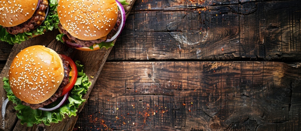 Poster close-up of homemade burgers on a rustic wooden backdrop with copy space image.