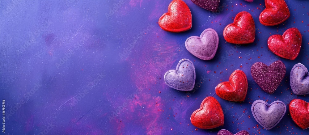 Poster top view of red and pink hearts on a purple background for valentine's day, with a flat lay style an