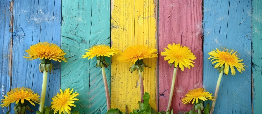 Aufkleber dandelions in yellow on colorful wooden backdrop with copy space image.