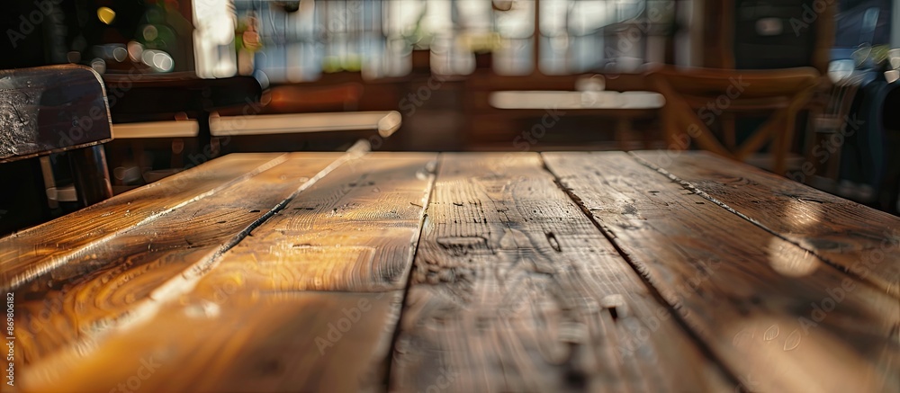 Poster Brown wooden table with shallow depth of field in a cafe setting, suitable as a copy space image for product displays or photomontages.