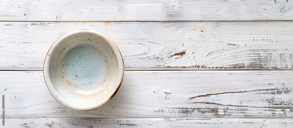 Aufkleber top-down view of an empty ceramic bowl on a white wooden table, with room for adding text or a copy 