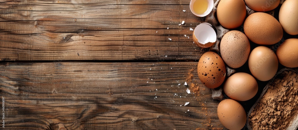 Poster wooden table background with eggs, copy space image.