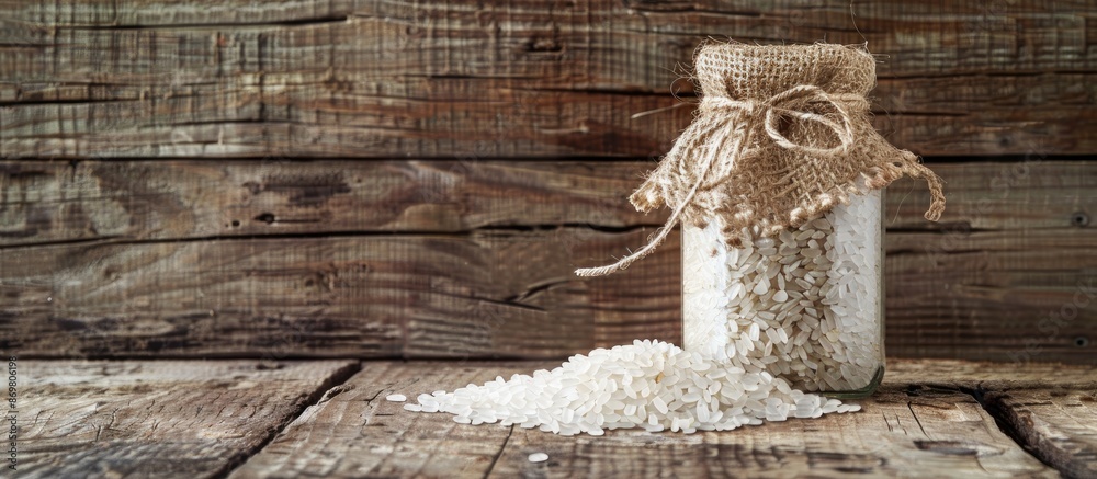 Poster Rice grains displayed in a glass jar, set against a rustic wooden backdrop with ample white space for text or images--a versatile copy space image.