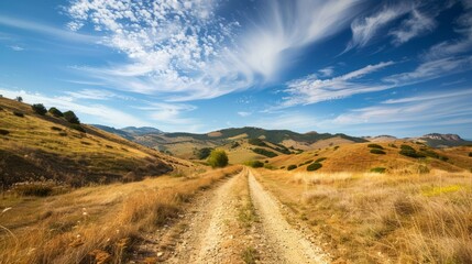 Fototapeta premium Winding dirt road through rolling hills. Scenic view of a winding dirt road leading through golden rolling hills under a bright blue sky with fluffy white clouds.