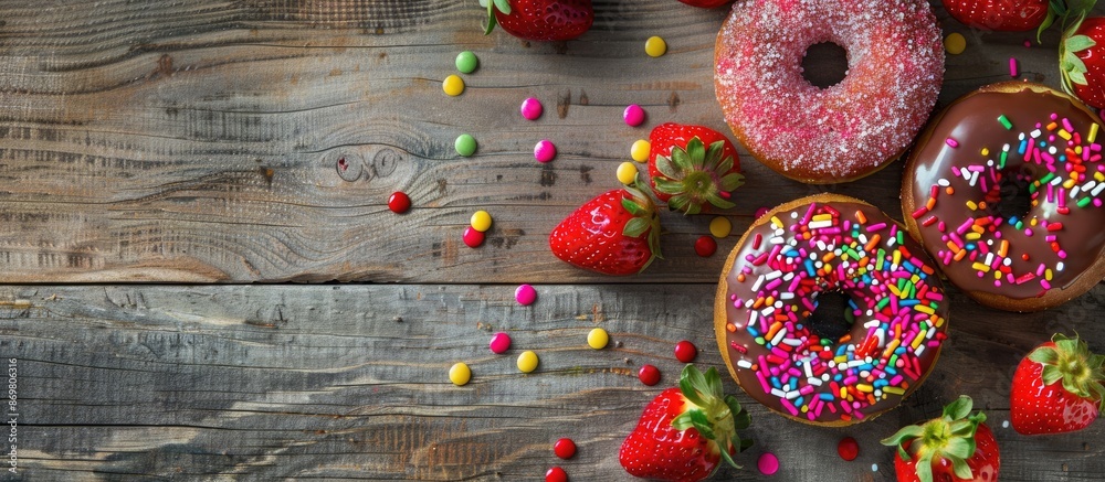 Poster strawberry and chocolate coated homemade doughnuts with rainbow sugar toppings displayed on a wooden