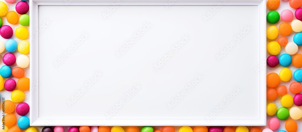 Poster Colorful candy pebbles arranged in a frame with a white copy space image in the center.