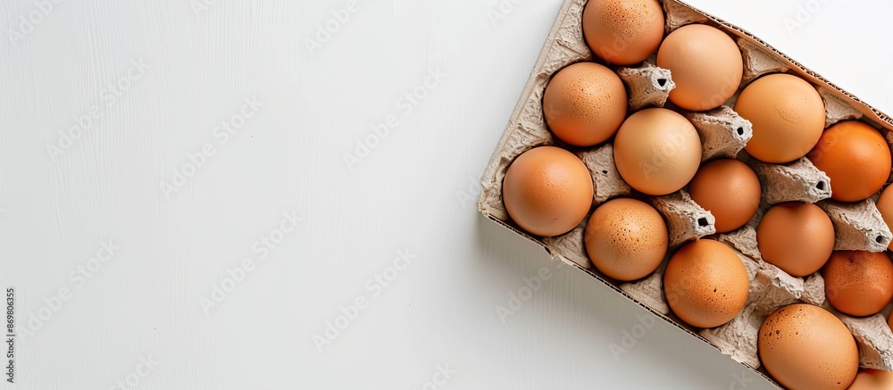 Poster Top-down view of a box containing fresh chicken eggs on a plain white backdrop, with ample space provided for text in the image.