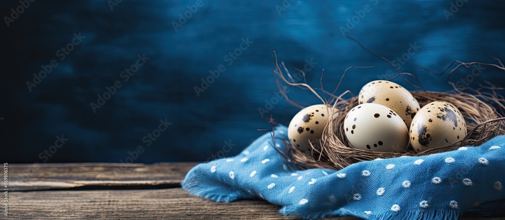 Poster rustic easter theme with quail eggs on a blue fabric, offering ample copy space image.
