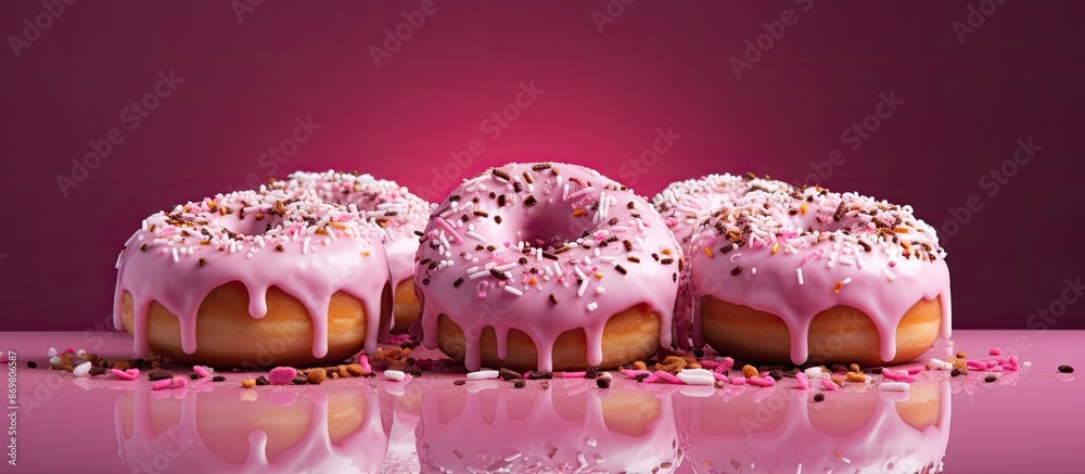 Poster A vibrant pink background complements iced doughnuts with sprinkles, creating a visually appealing scene in the copy space image.