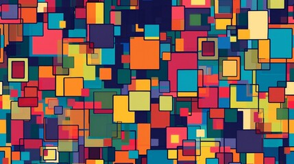 A digital pixel art-inspired pattern with square and rectangular shapes in a variety of bright, primary colors, creating a playful and nostalgic design