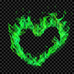Translucent green burning flames in the shape of a heart on transparent background. For used on dark illustrations. Transparency only in vector format