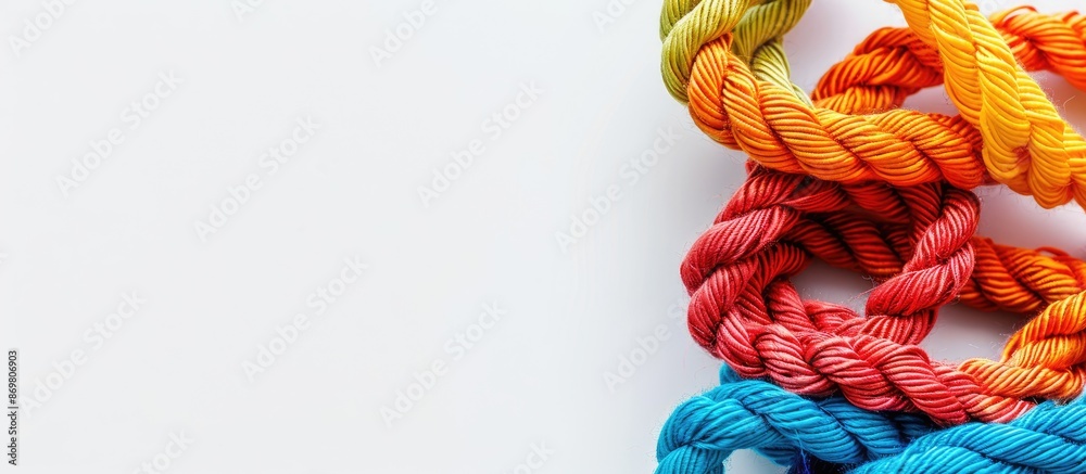 Poster Top view of vibrant thread rope with copy space image on white background.